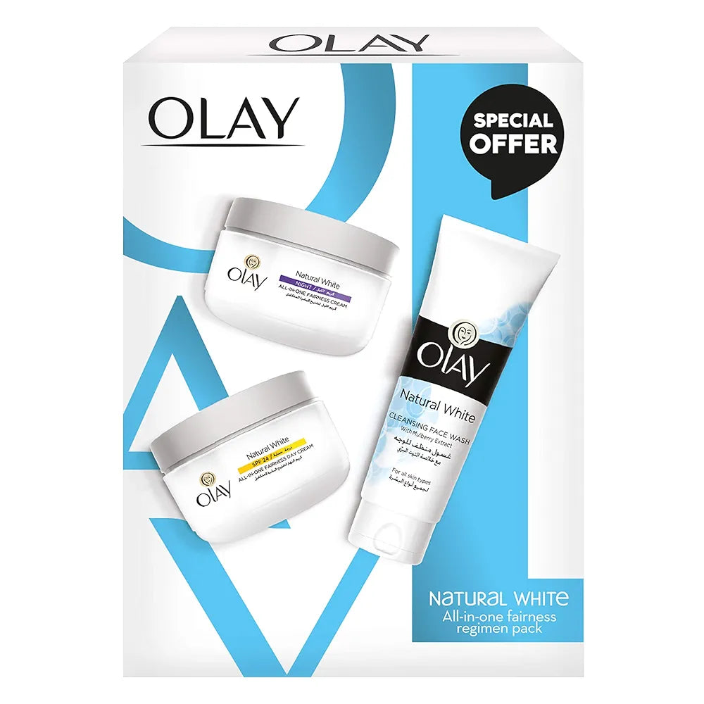 OLAY NATURAL WHITE BEAUTY SPECIAL BOX. FACE WASH 100G+ DAY CREAM SPF24 50G+ NIGHT CREAM 50G